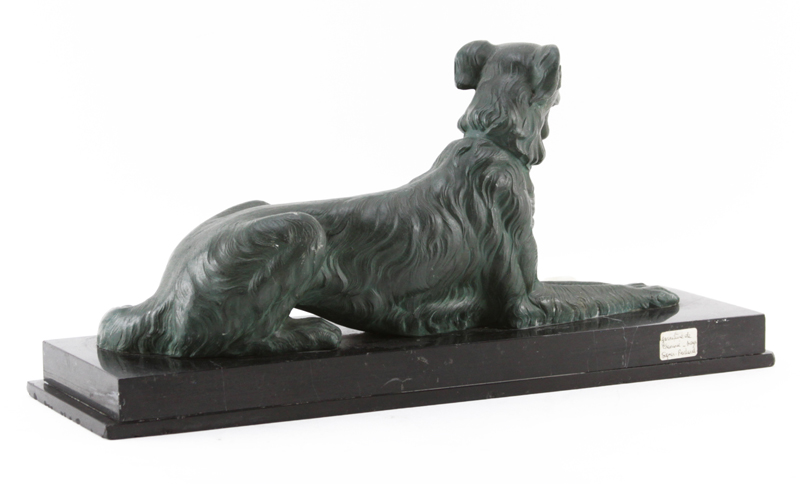 Art Deco Style Patinated French Metal Dog Figurine on Marble Base