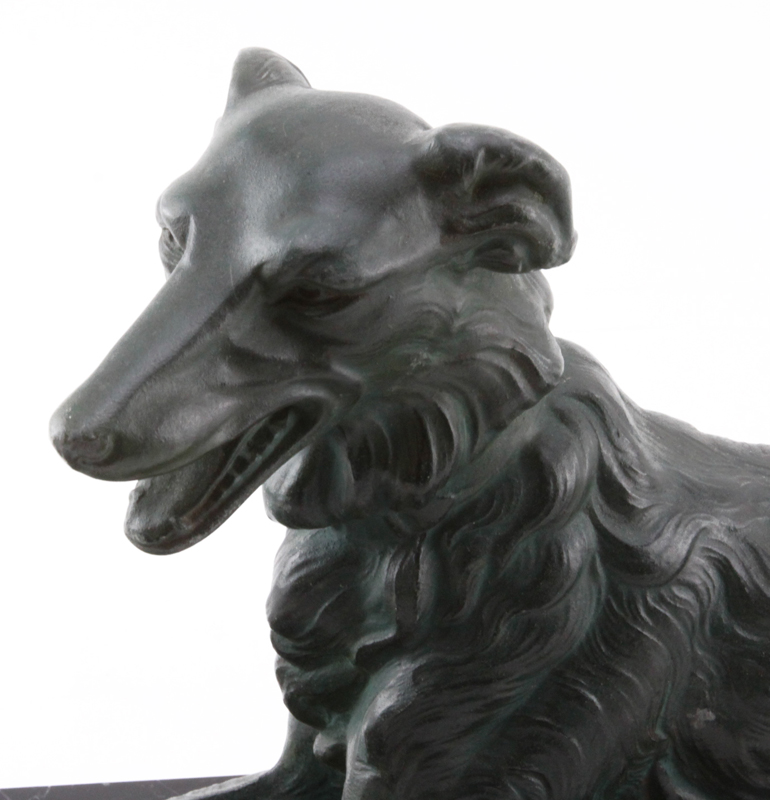 Art Deco Style Patinated French Metal Dog Figurine on Marble Base