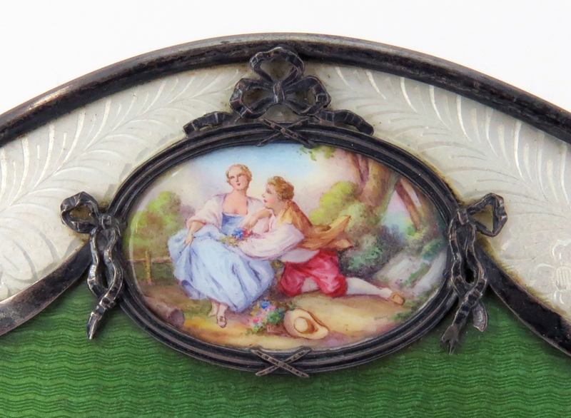 Antique French Guilloche Enamel Frame with Inset Hand Painted Romantic Plaque