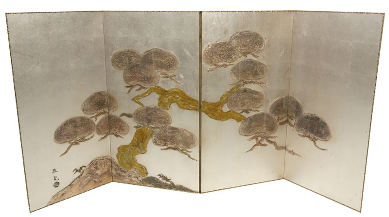 Antique Japanese 4-Panel Silvered and Gold Leaf Painted Screen