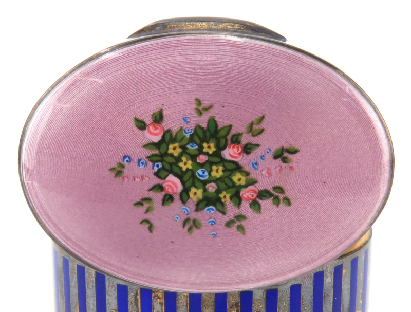Vintage Italian Guilloche Enamel and Silver Round Box Signed Italy 925