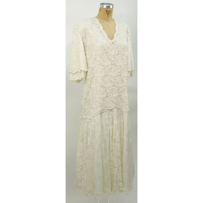Vintage Ivory Color Beaded and Sequined Evening Dress