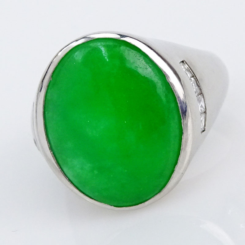 Man's Vintage Cabochon Jade and Platinum Ring accented with Small Round Cut Diamonds