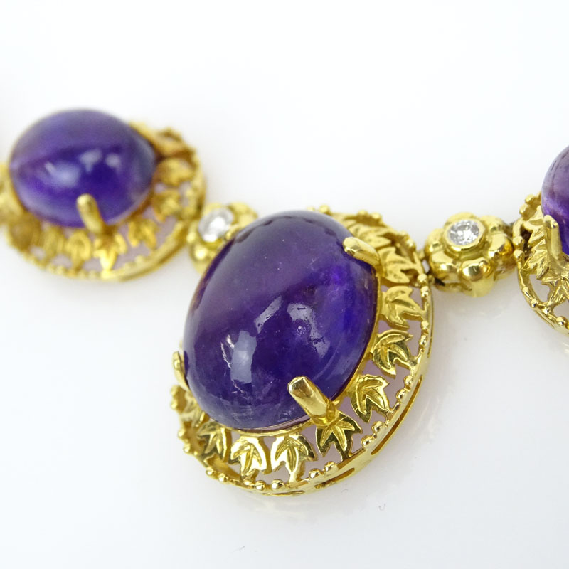 Vintage Sixteen (16) Graduated Cabochon Amethyst and 18 Karat Yellow Gold Necklace with Diamond Accents