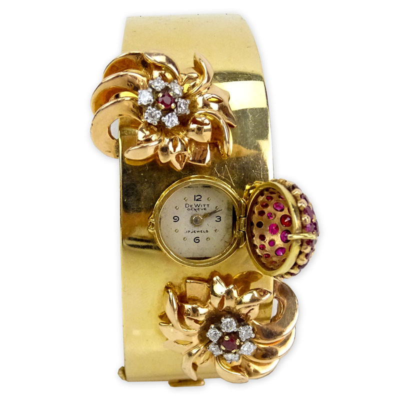 Retro 14 Karat Rose Gold, Ruby and Diamond Hinged Cuff Bangle Bracelet with De Witt, Geneva 17 Jewel Manual Movement Watch