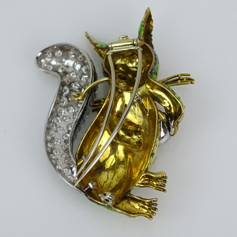  8.0 Carat Round Brilliant Cut Diamond, 18 Karat White Gold, Enameled 18 Karat Yellow Gold Squirrel Brooch