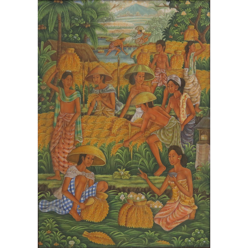 Balinese Oil On Canvas Laid on Cardboard "Harvest"