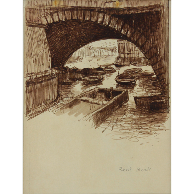 René (Ribet) Berti, Italian (1884-1939) Brown Ink on tan paper "Parisian Canal Scene" Signed in pencil lower right