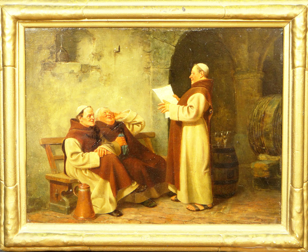August Kraus German (1852-1917) Oil on Wood Panel "Monks in the Wine Cellar Discussing a Newspaper Article"
