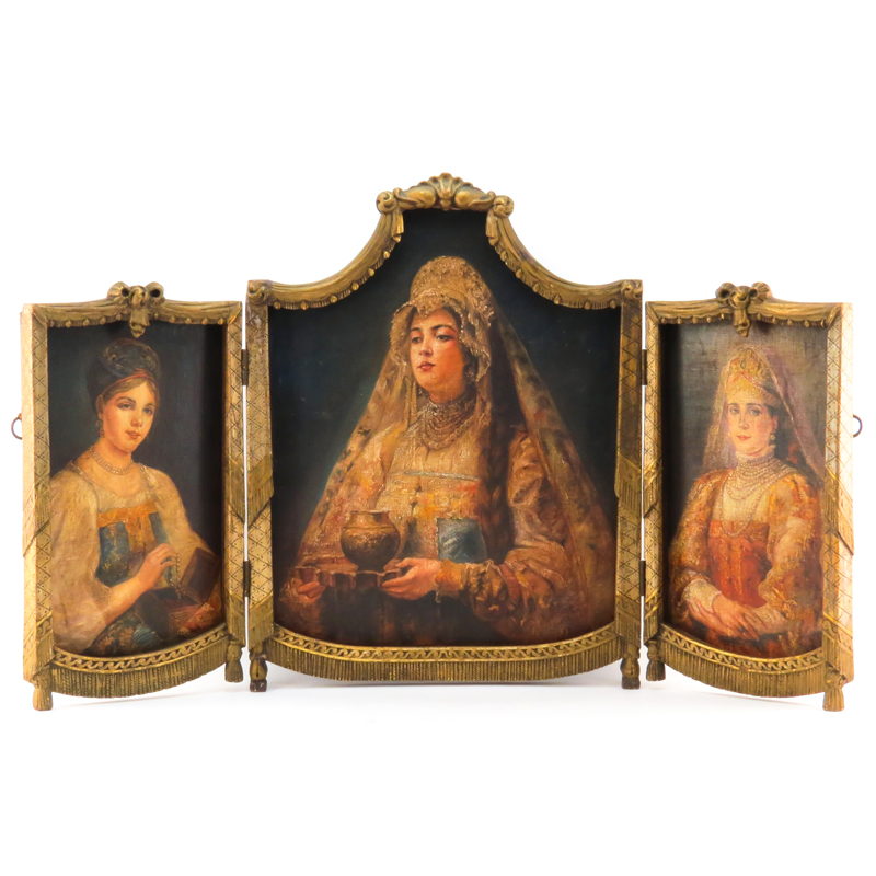 After: Konstantin Egorovich Makovsky, Russian (1839-1915) Oil on Canvas Laid on Board, Portrait Triptych in Carved and Gilt Wood Frame