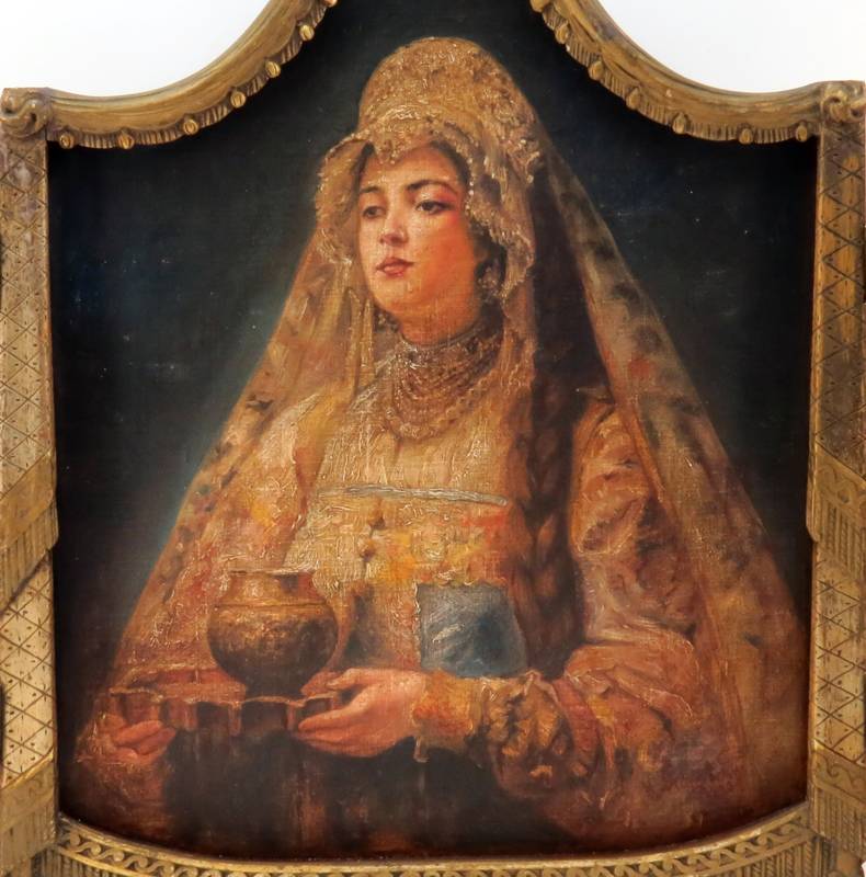 After: Konstantin Egorovich Makovsky, Russian (1839-1915) Oil on Canvas Laid on Board, Portrait Triptych in Carved and Gilt Wood Frame