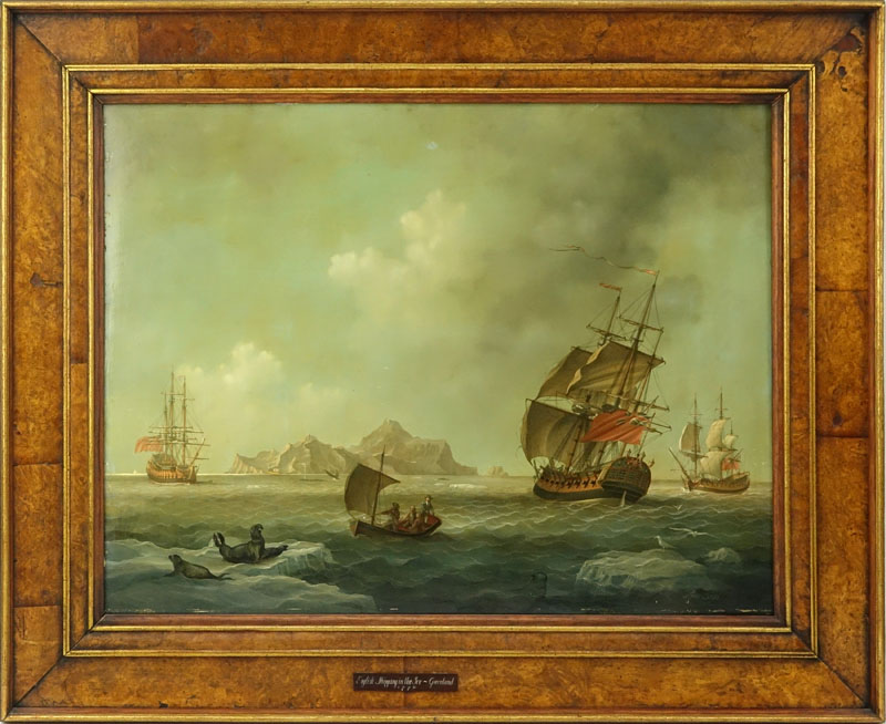 Louis Dodd, British (1943-2006) Oil on panel "English Shipping In The Ice - Greenland 1770" Signed lower right