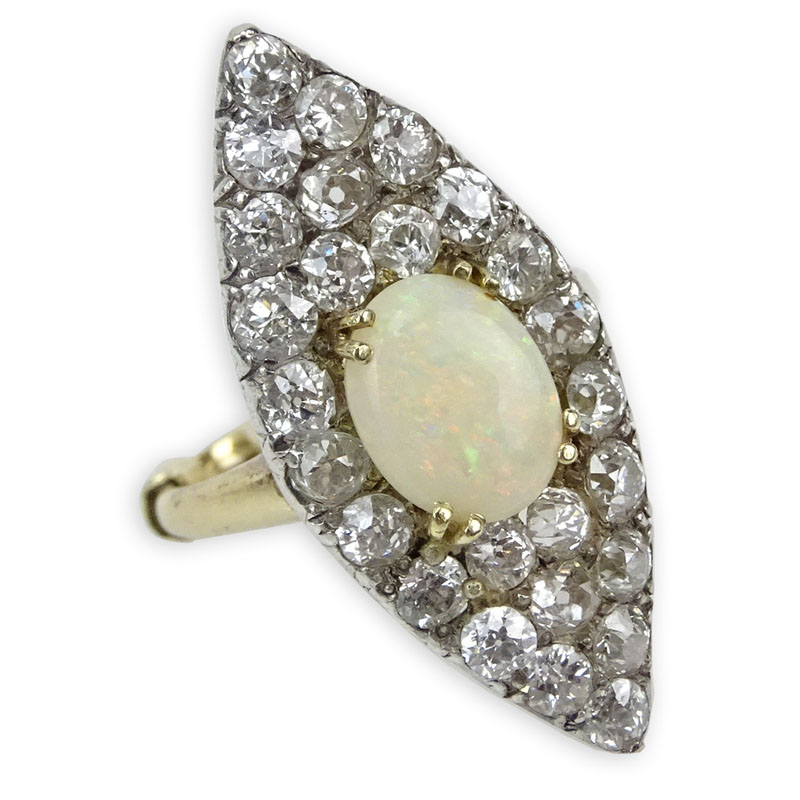 Victorian Old European Cut Diamond, Opal, Platinum and 18 Karat Yellow Gold Ring