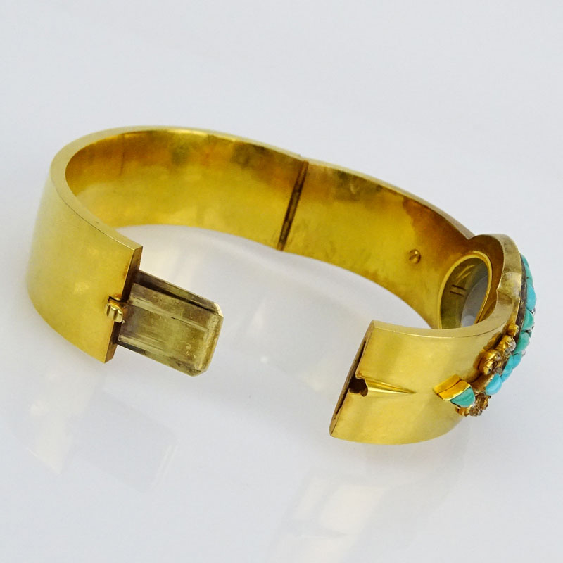 Victorian Rose Cut Diamond, Turquoise and 18 Karat Yellow Gold Hinged Cuff Bangle Bracelet