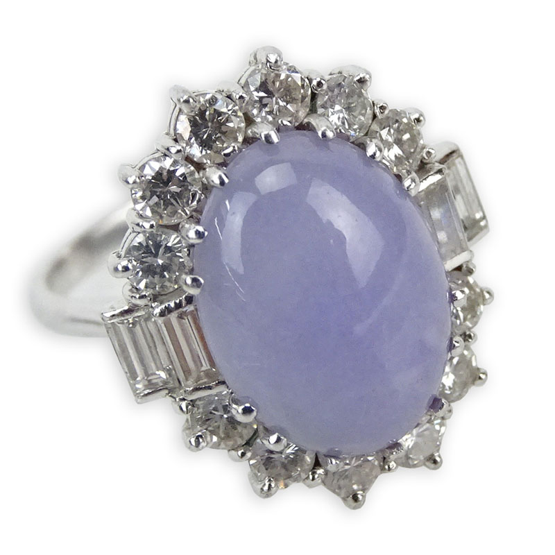 Rare 1950's Oval Cabochon Cut Natural Lavender Jade, Diamond and Platinum Ring