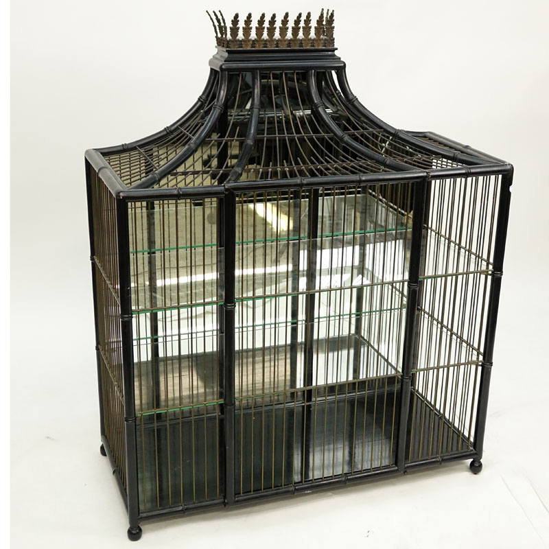 Vintage Bamboo Black Painted wall-hung Etagere with glass shelves