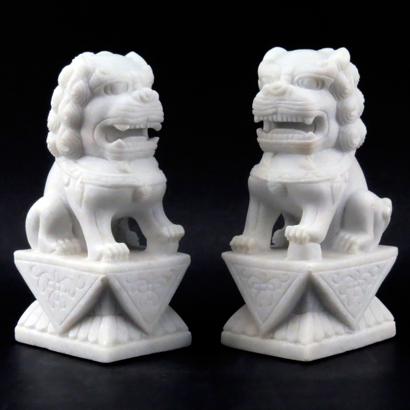 Pair of Mid 20th Century Carved White Marble Foo Dogs