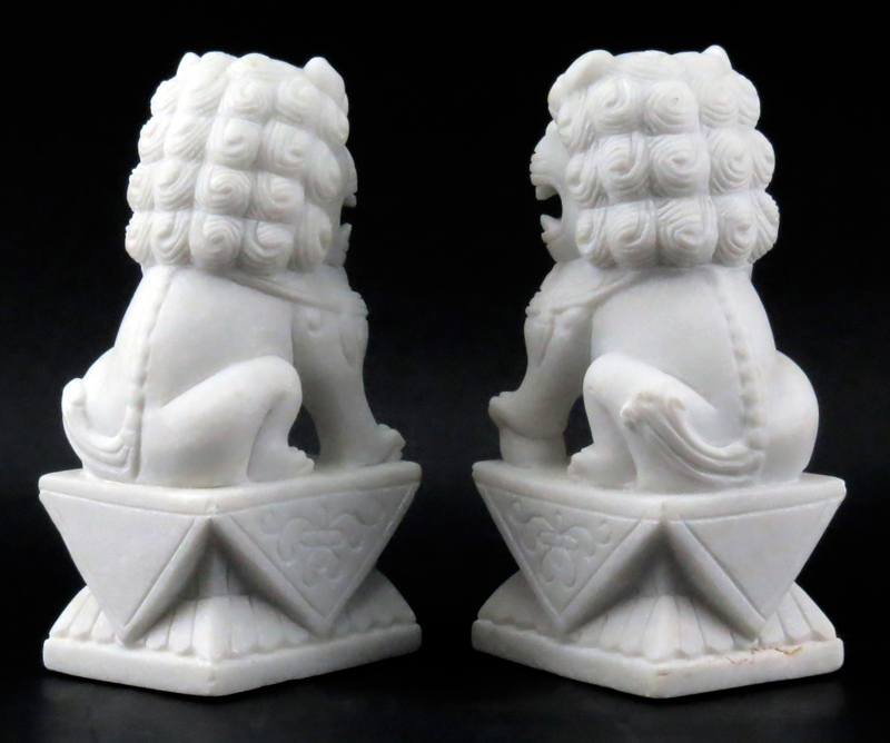 Pair of Mid 20th Century Carved White Marble Foo Dogs