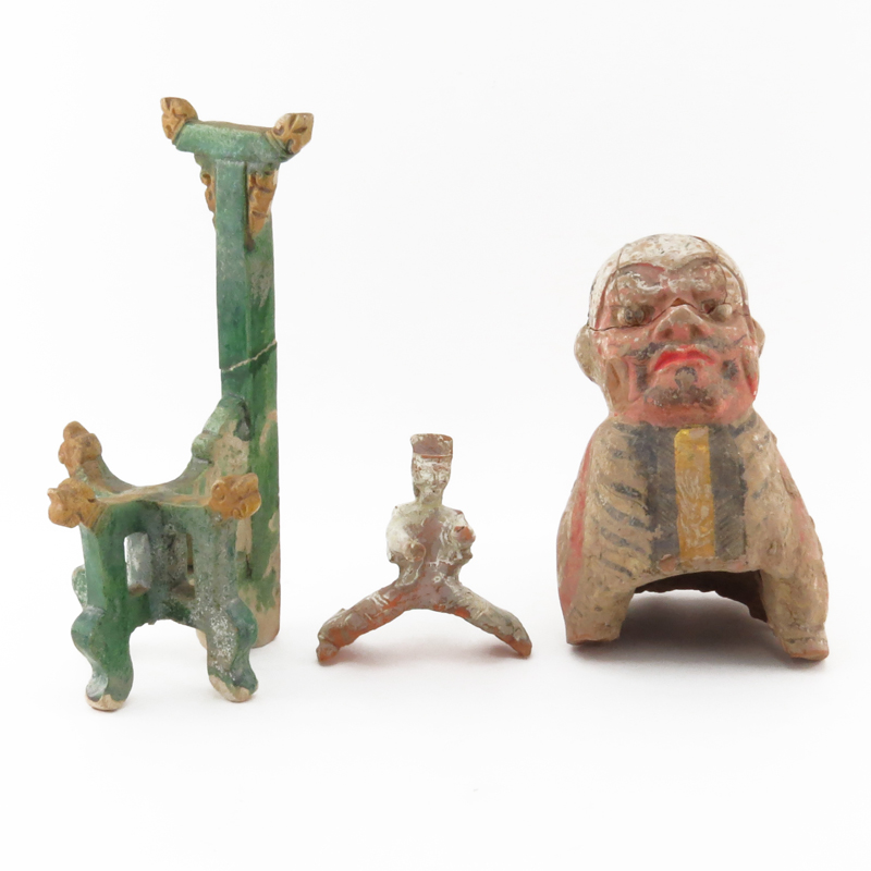 Large Chinese Ming Dynasty (1368-1644) Polychrome Pottery Tomb Figure along With a Smaller "Straddling" Figure and a Partial Glazed Stand