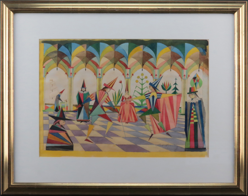 Nicely Done Mid Century Watercolor on Paper "Harlequin Ball"