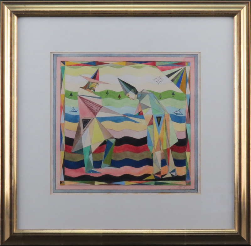 Nicely Done Mid Century Watercolor on Paper "Harlequin Love"
