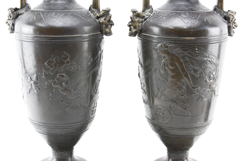 Pair of 19/20th Century Neoclassical Bronze and Marble Urns