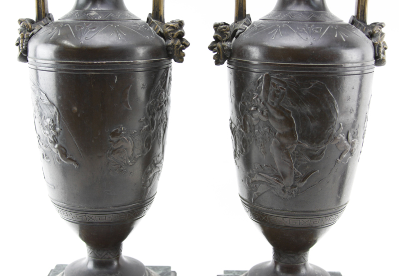Pair of 19/20th Century Neoclassical Bronze and Marble Urns