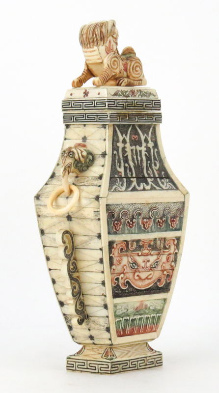 Chinese Carved Bone Polychrome Covered Urn