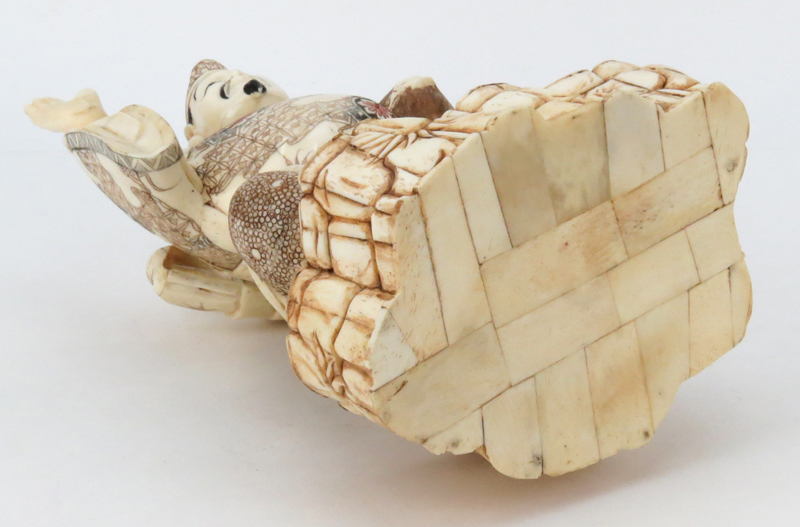 Japanese Carved Bone Polychrome Fisherman Figurine