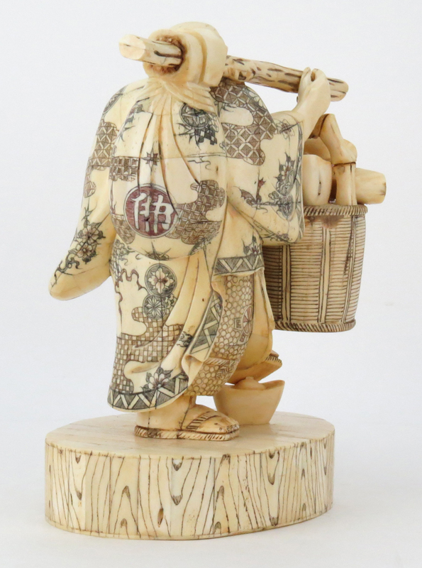Japanese Carved Bone Polychrome Traveling Buddha Figurine