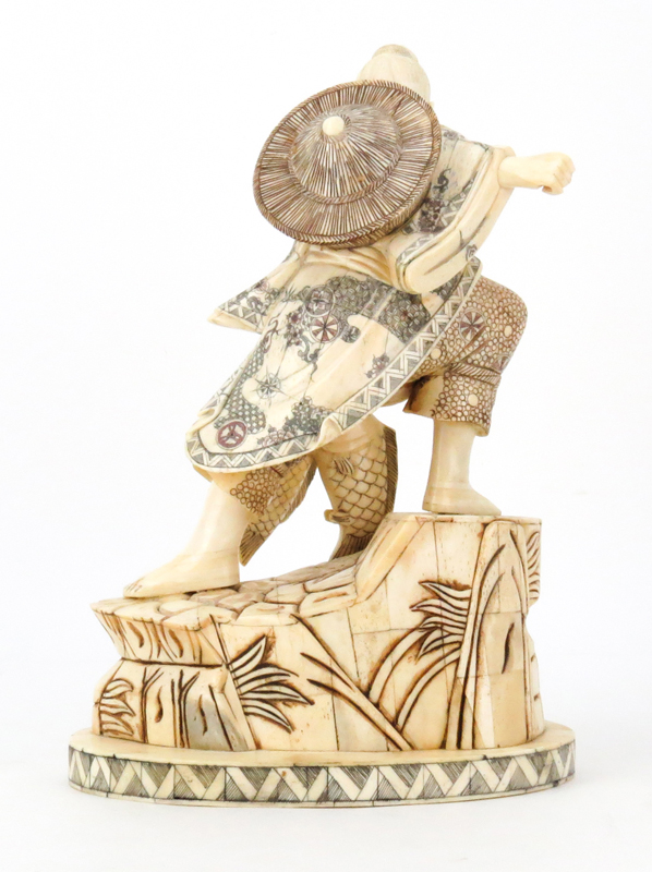 Japanese Carved Bone Polychrome Fisherman Figurine