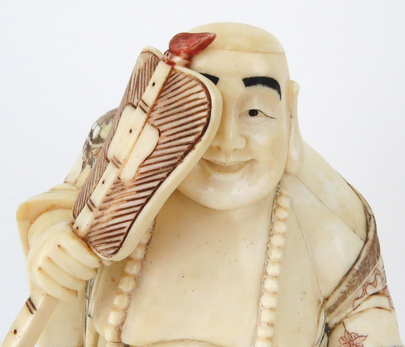 Japanese Carved Bone  Polychrome Standing Buddha Figurine