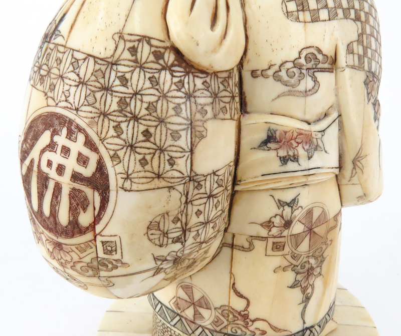 Japanese Carved Bone  Polychrome Hotei Buddha Figurine