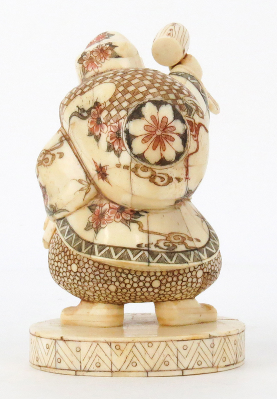 Japanese Carved Bone  Polychrome Daikoku Figurine