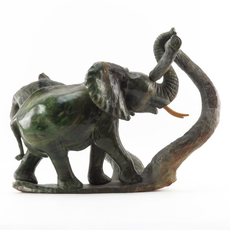 Vintage Carved Verdite Stone African Elephant Sculpture Signed Gideon