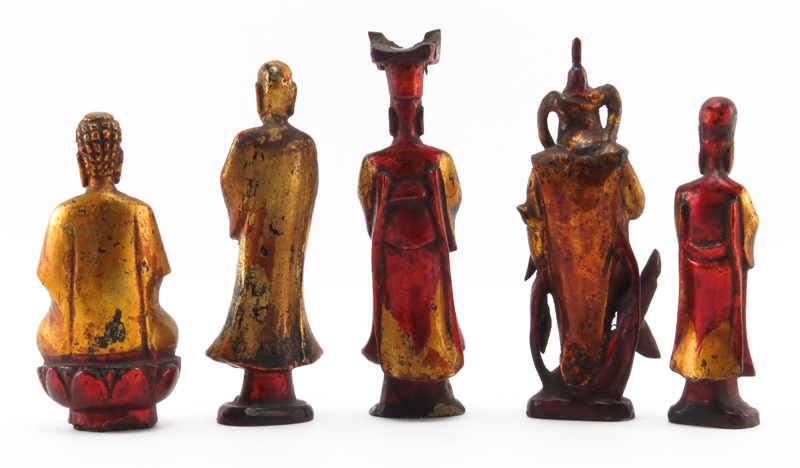 Grouping of Five (5) 19/20th Century Chinese Wood Carved Gilt Painted  Figurines