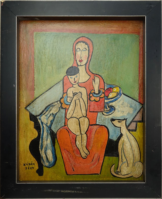 Attributed to: Bela Kadar, Hungarian  (1877-1956) Oil on cardboard "Mother And Child" Signed lower right