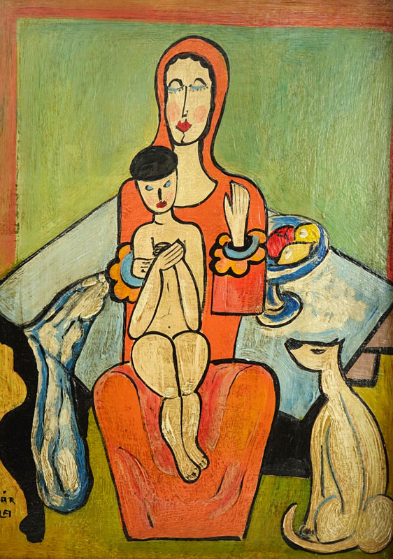 Attributed to: Bela Kadar, Hungarian  (1877-1956) Oil on cardboard "Mother And Child" Signed lower right