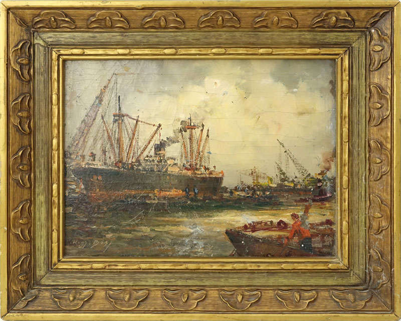 Willem Bos, Dutch (1906-1974) Oil on Canvas "Busy Harbour" Signed Lower Left
