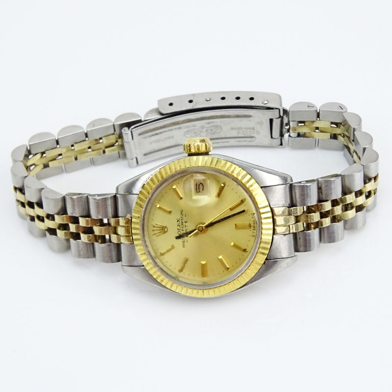 Lady's Vintage Rolex Oyster Perpetual Date Stainless Steel and 14 Karat Yellow Gold Bracelet Watch