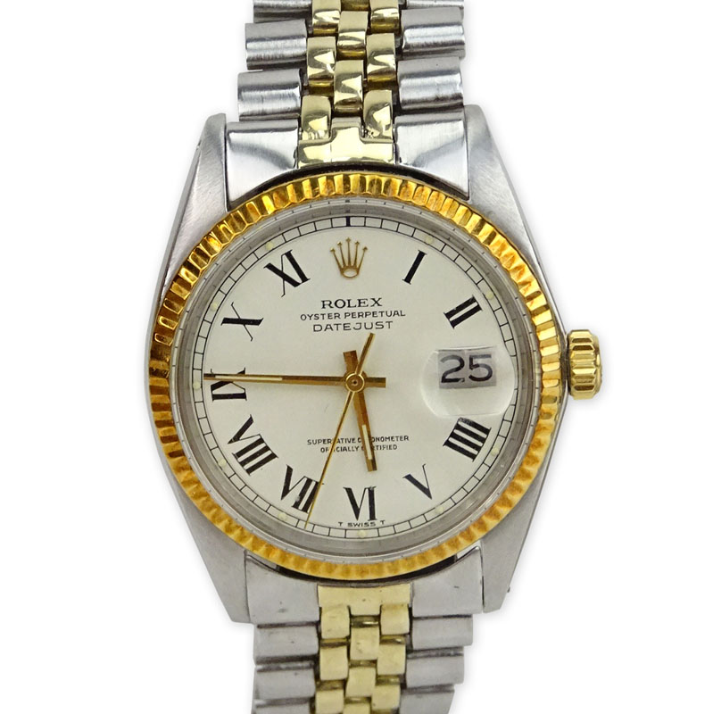 Man's Rolex Datejust Stainless Steel and 14 Karat Yellow Gold Automatic Movement Watch with Jubilee Bracelet, Roman Numerals and Fluted Bezel