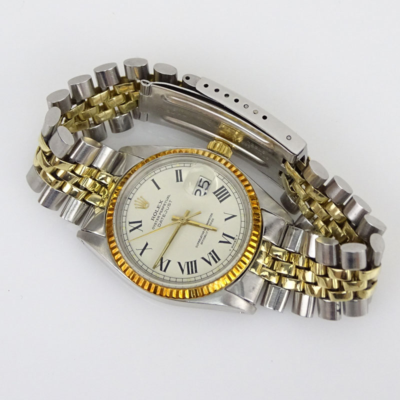Man's Rolex Datejust Stainless Steel and 14 Karat Yellow Gold Automatic Movement Watch with Jubilee Bracelet, Roman Numerals and Fluted Bezel