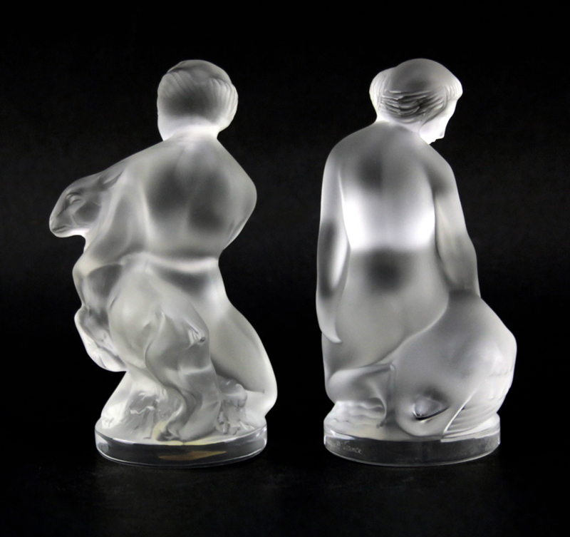 Two (2) Small Lalique Crystal Figures "Girl With Goat and Girl With Swan"