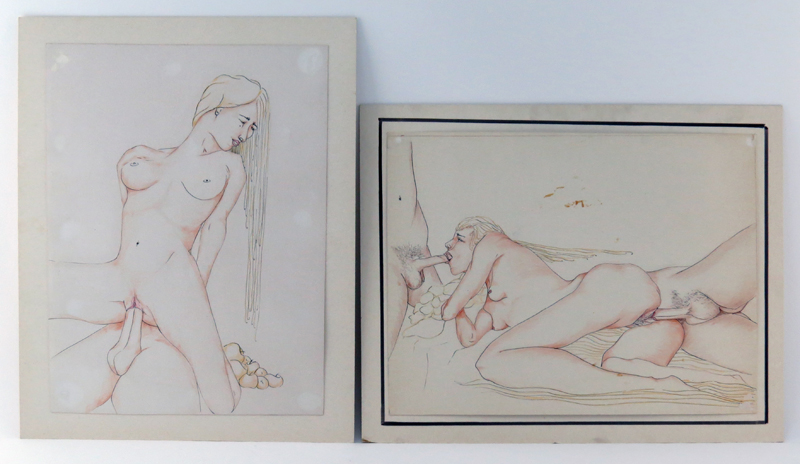 Erotica Group of 2 Ink Drawings and 4 Books