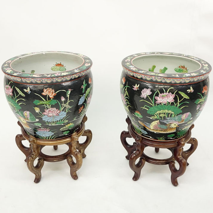Pair of Vintage Chinese Porcelain Famille Noire Jardiniers/Fish Bowls on Stands