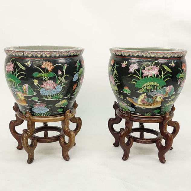 Pair of Vintage Chinese Porcelain Famille Noire Jardiniers/Fish Bowls on Stands