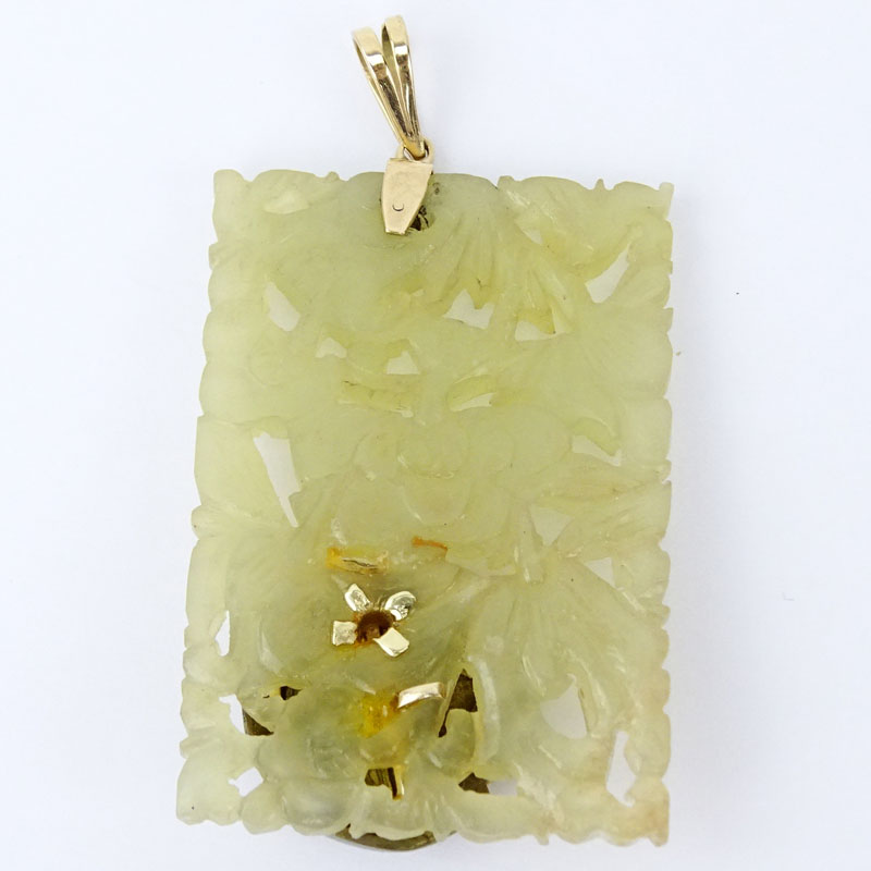 Chinese Jade Carved Reticulated Pendant with Gold Loop