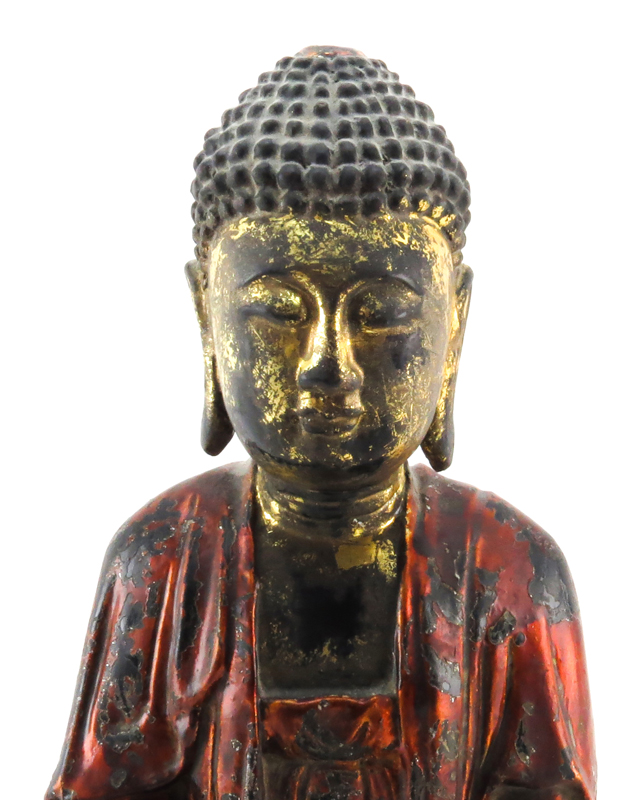Vintage Carved Wood Hand Painted Seated Buddha Sculpture