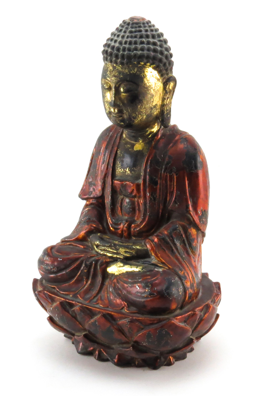 Vintage Carved Wood Hand Painted Seated Buddha Sculpture