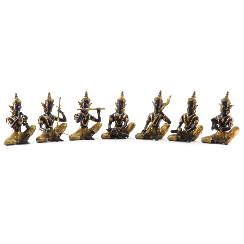 Grouping of Seven (7) Thai  Bronze Gilt Painted Seated Music Players